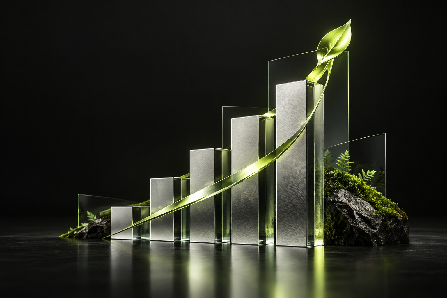 3D silver growth columns with an ascending lime ribbon