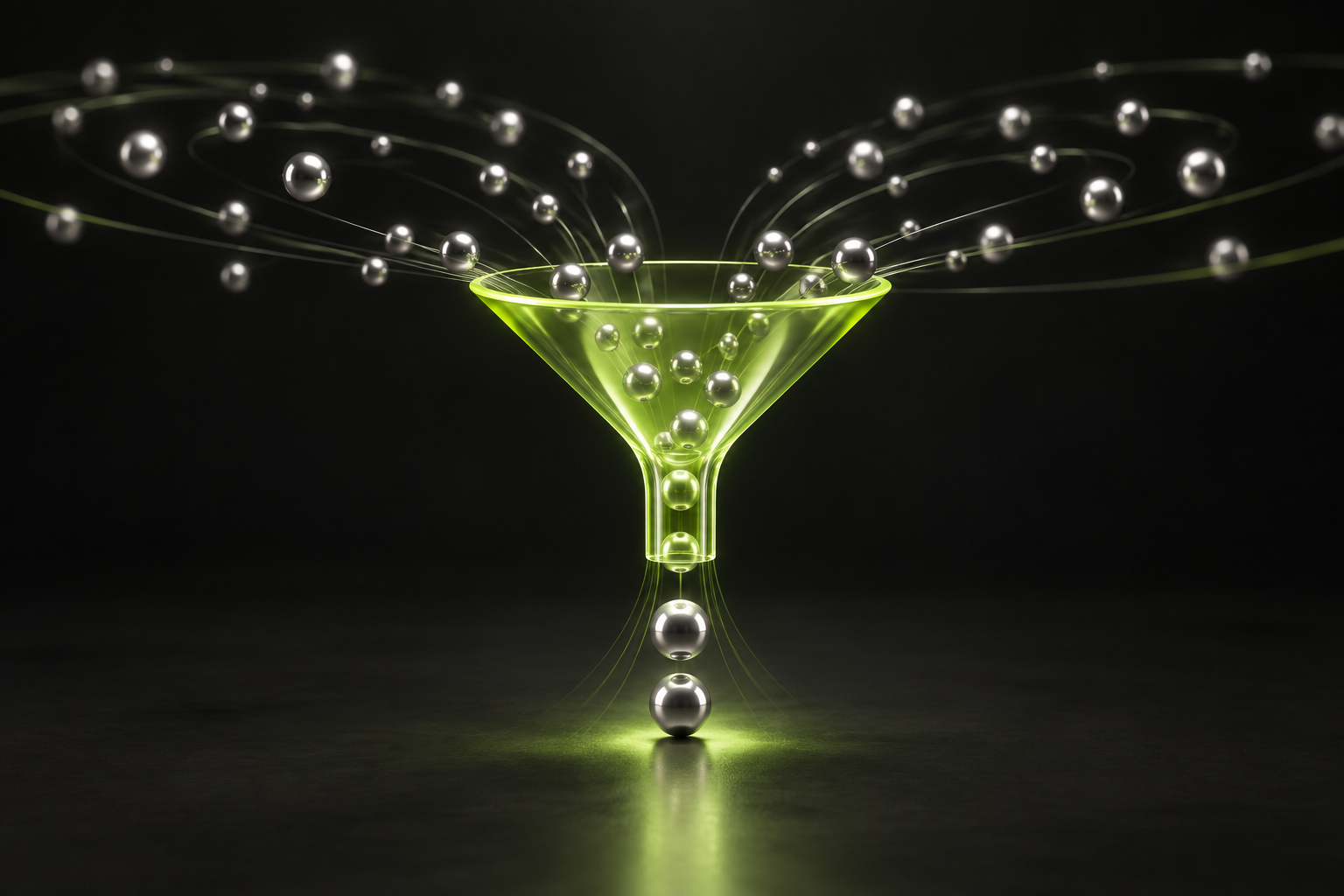 3D lime glass funnel guiding silver spheres into an organised lead flow